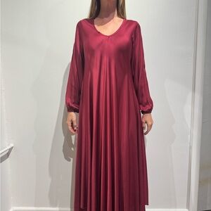 Elegant Burgundy Long Sleeve Silk Dress